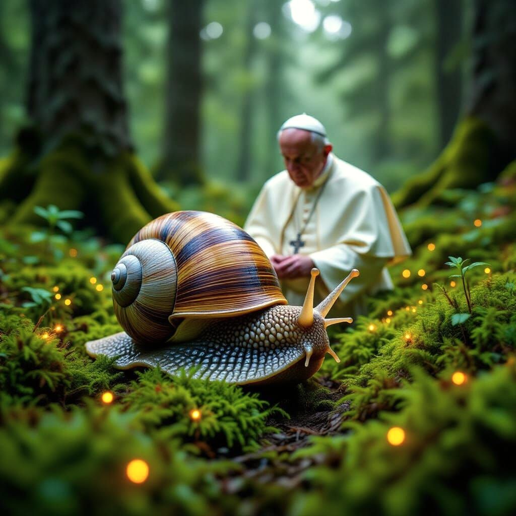 Portrait of the Snail Pope in Bioluminescent Forest