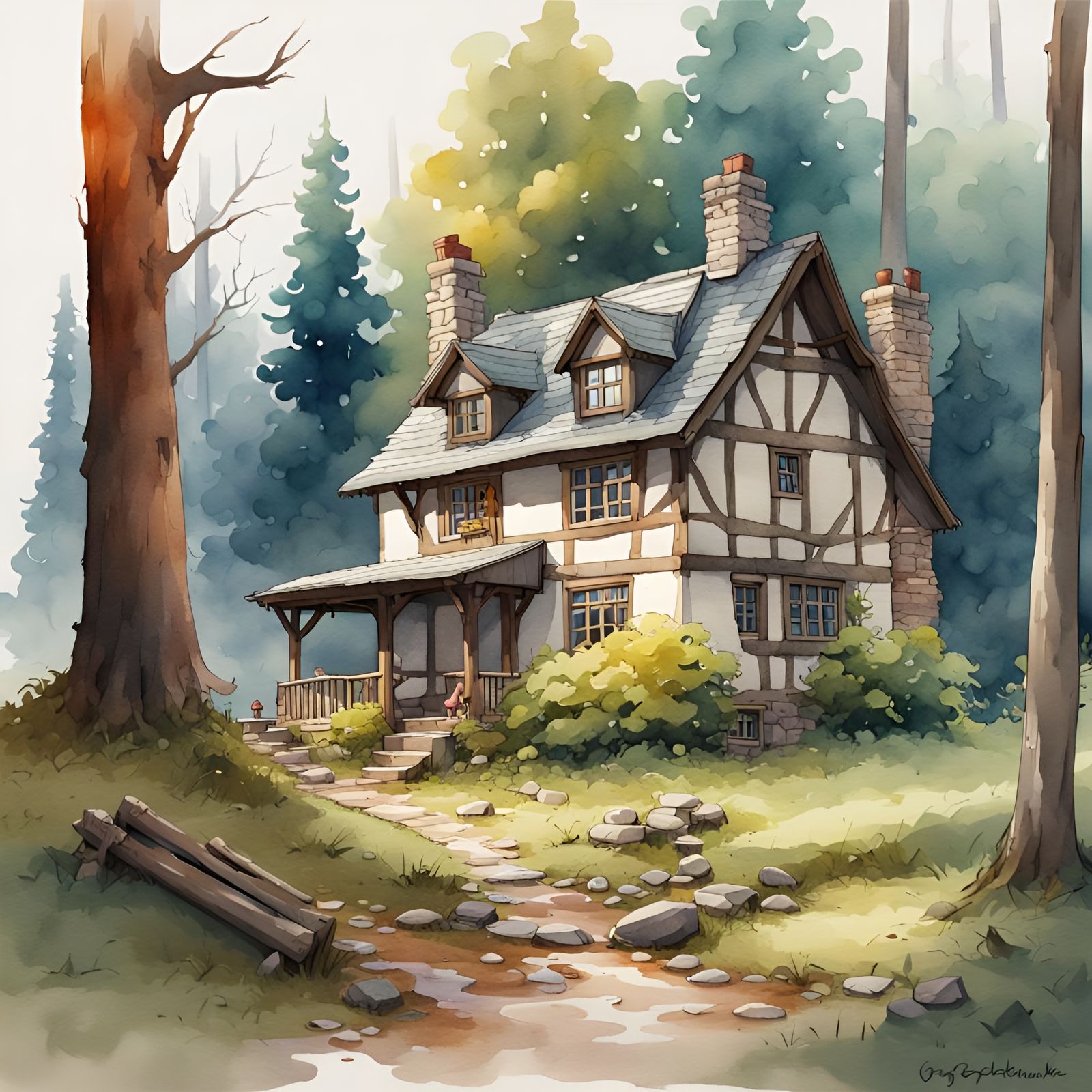 Forest Cottage in Watercolor Concept Art