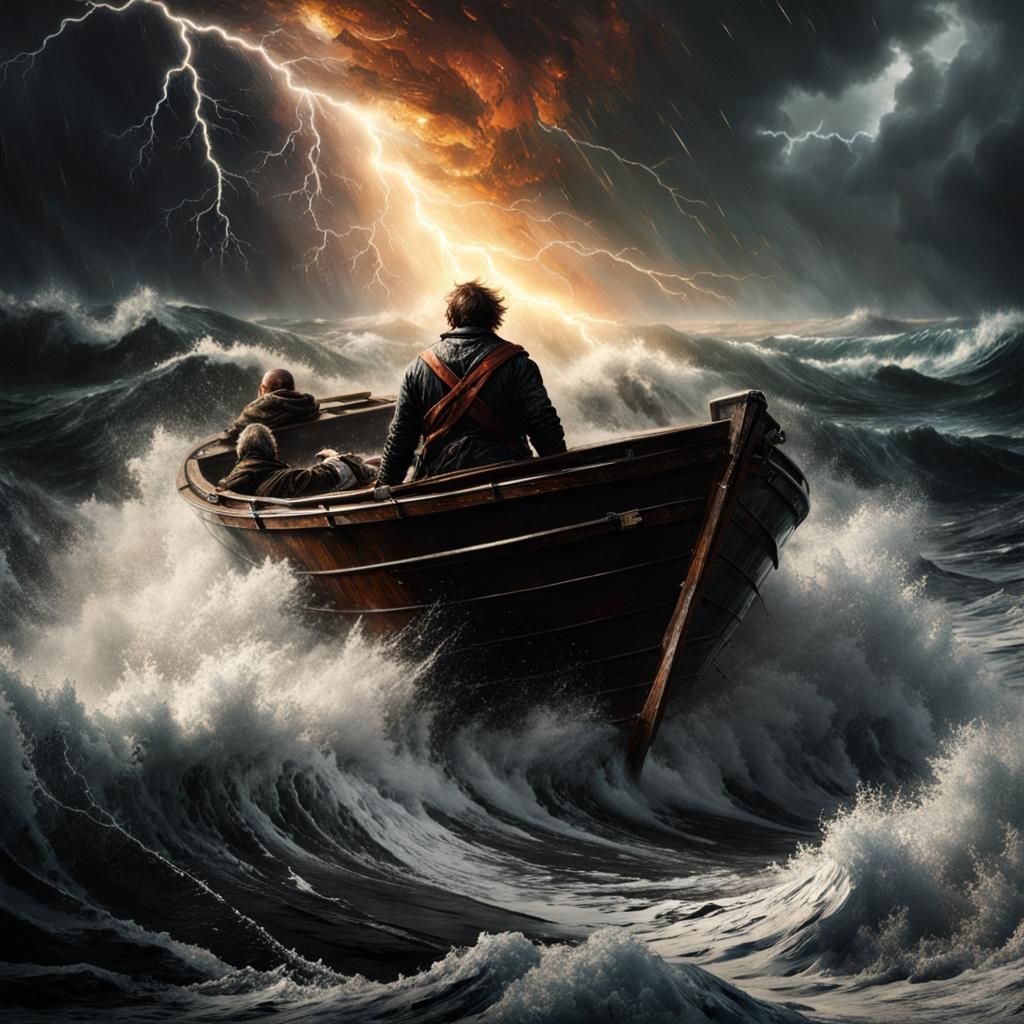 Man in Rowboat During Epic Sea Storm