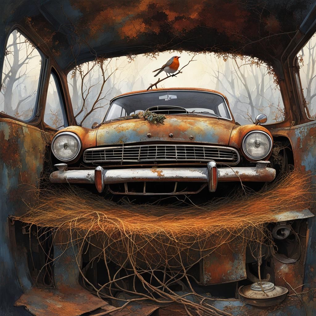 Robin's Nest in Abandoned Car: Detailed Bird Art