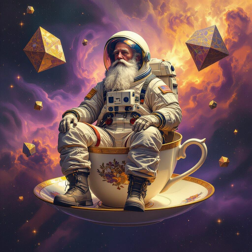 Wise Astronaut on Teacup in Cosmic Nebula