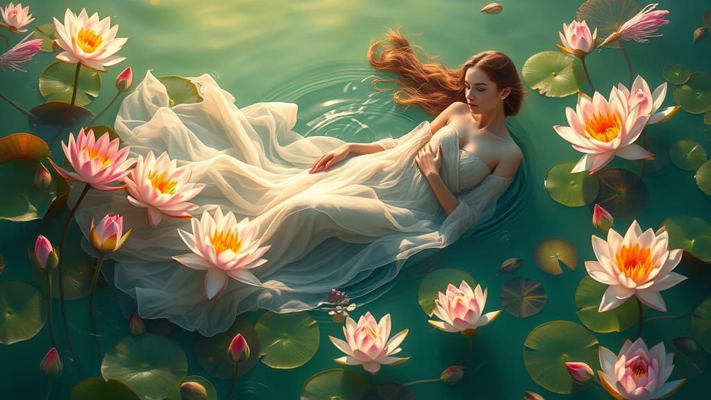 Ethereal Water Goddess Amidst Blooming Water Flowers in Soft...