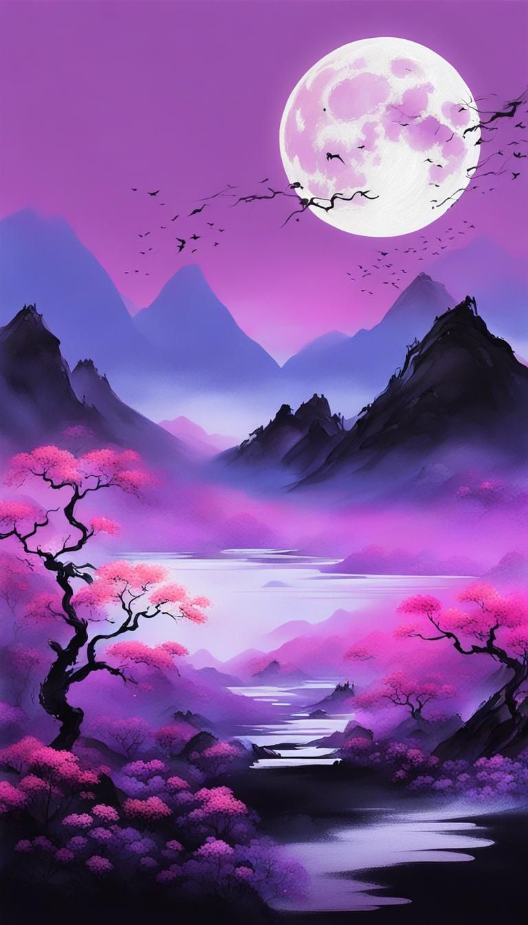 Minimalist Chinese Ink Fantasy Landscape with Neon Flowers