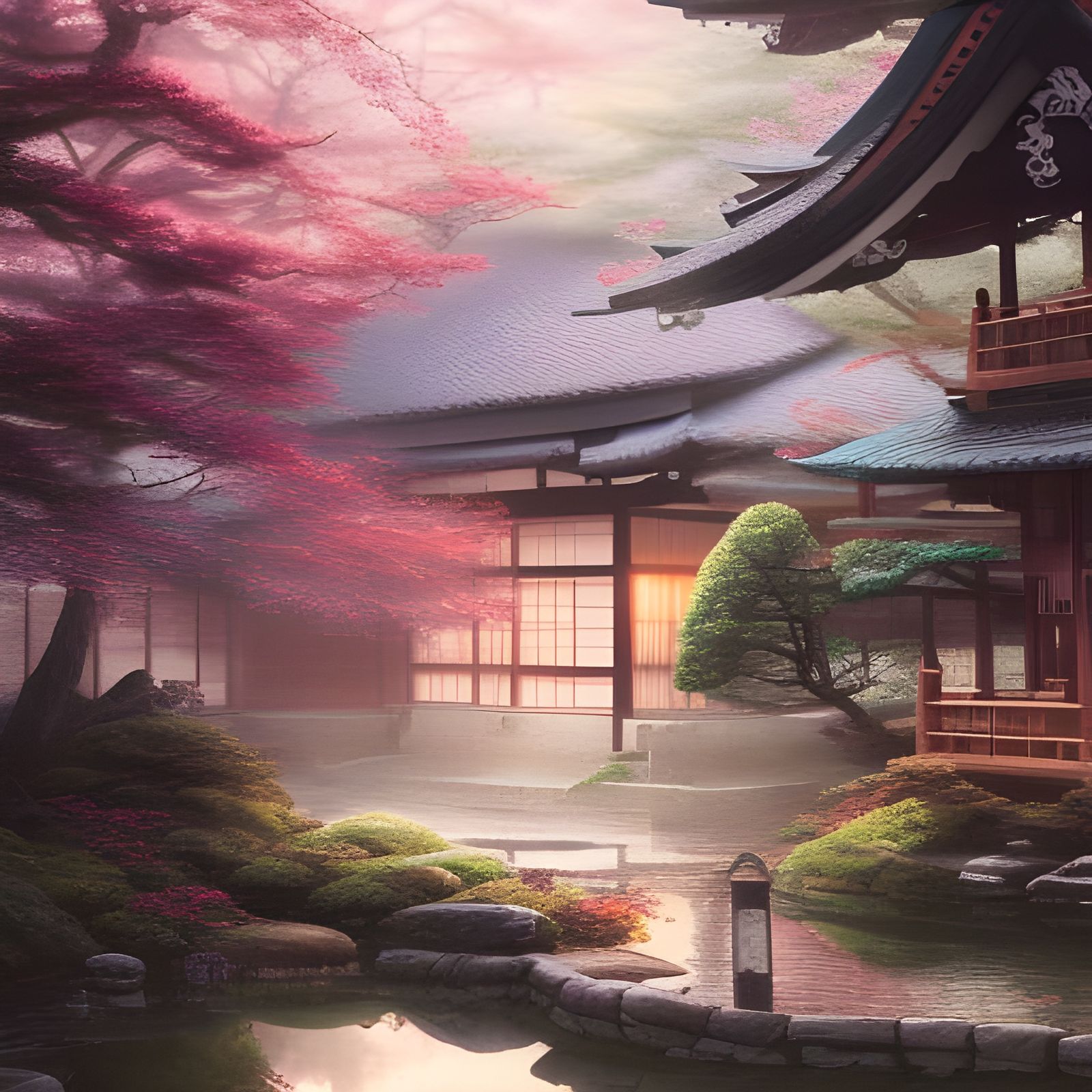 Watercolor Japanese Garden with Castle