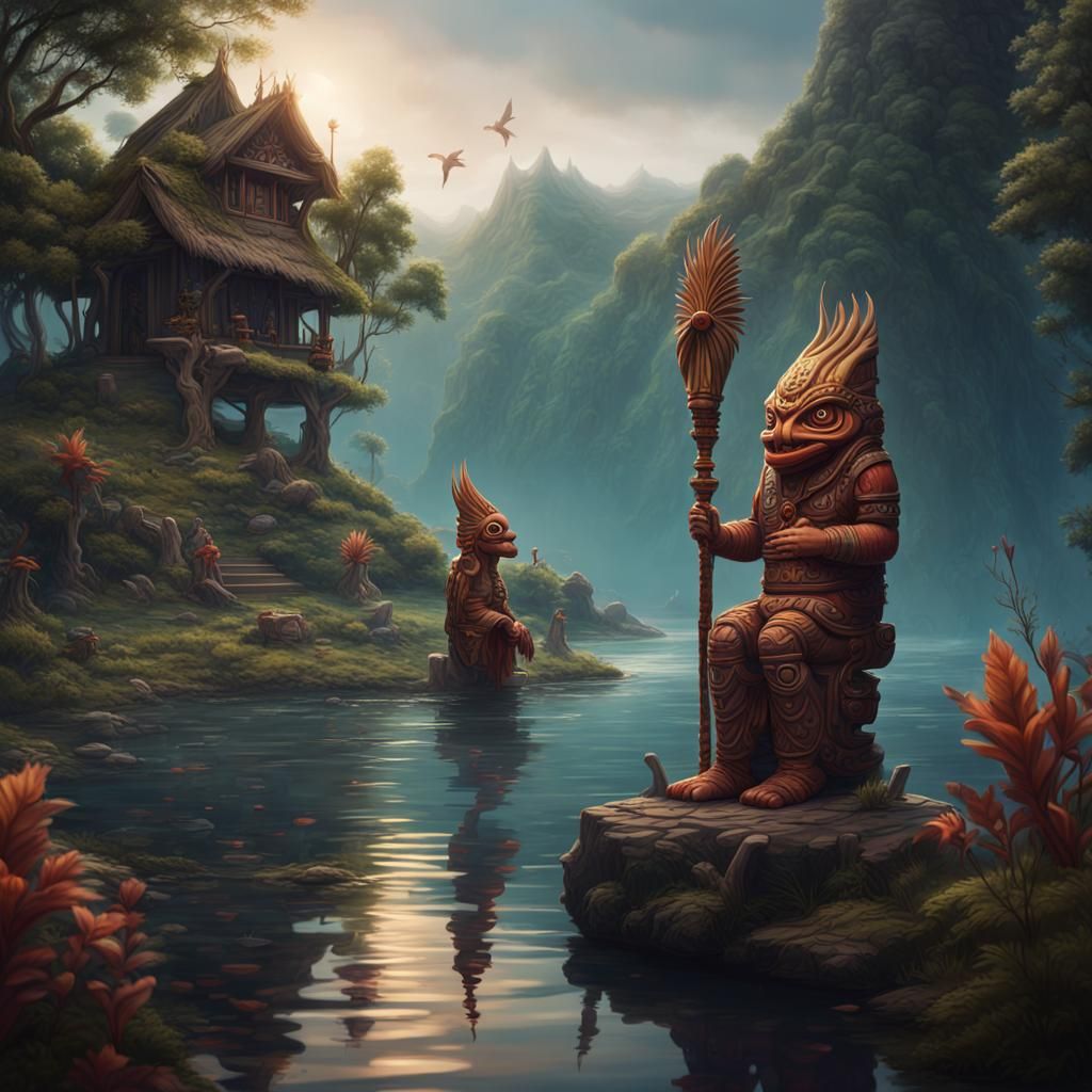 Fish People Worshiping Tiki God: Fantasy Concept Art