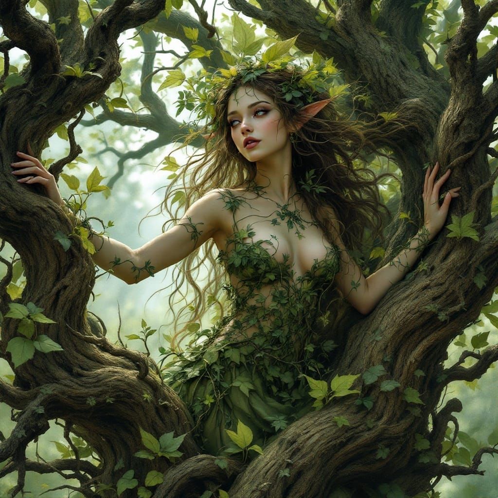 a beautiful dryad emerging from hrt tree