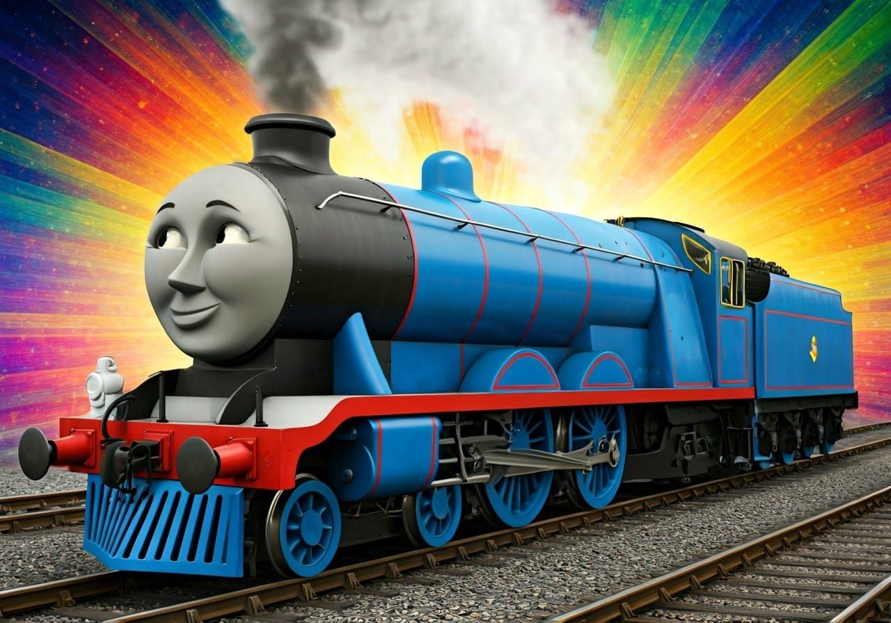 Heroic Blue Steam Locomotive in Vibrant Retro-Futuristic Sce...