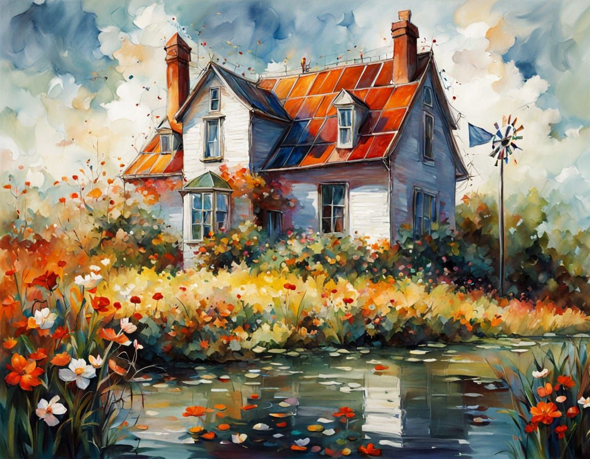 Solarpunk White House with Solar Panels and Wind Turbine in ...