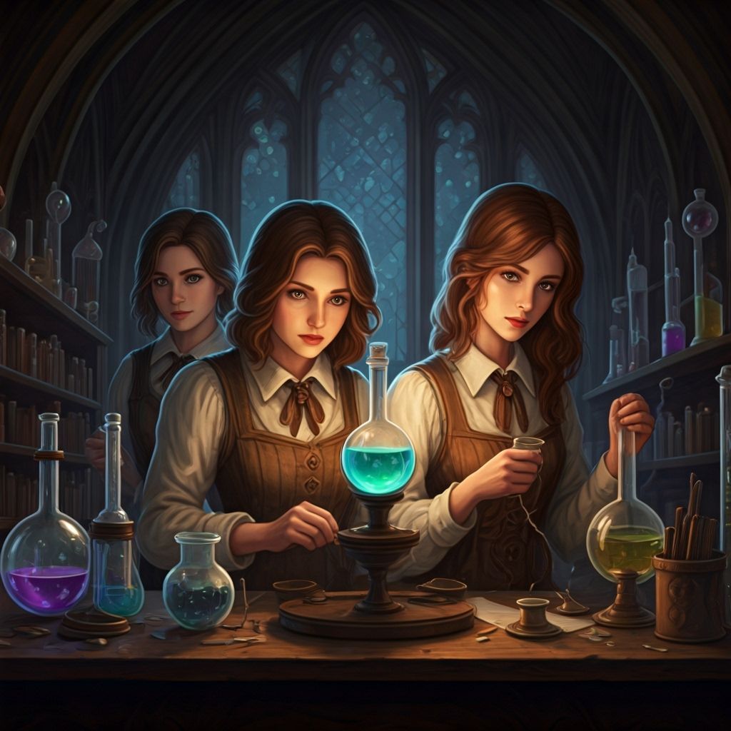 Potion Testers Crafting Potions in a Magical Laboratory