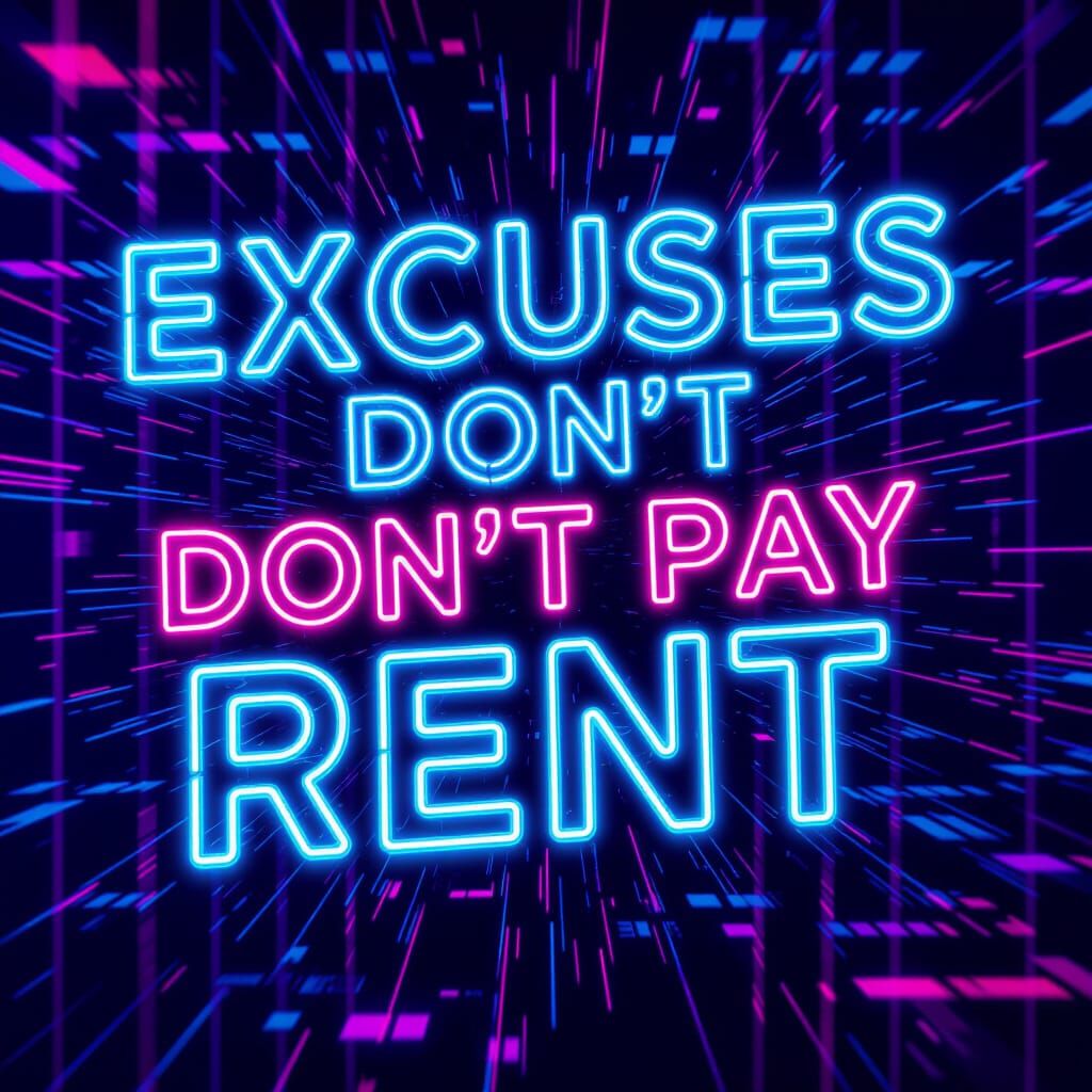 Neon "Excuses Don't Pay Rent" Card in Glitch Art Style