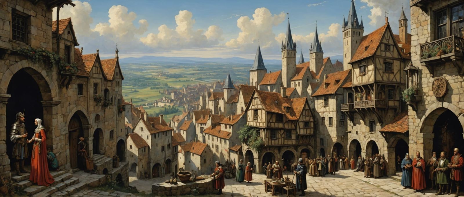 Medieval Village Painting in Gothic Art Style