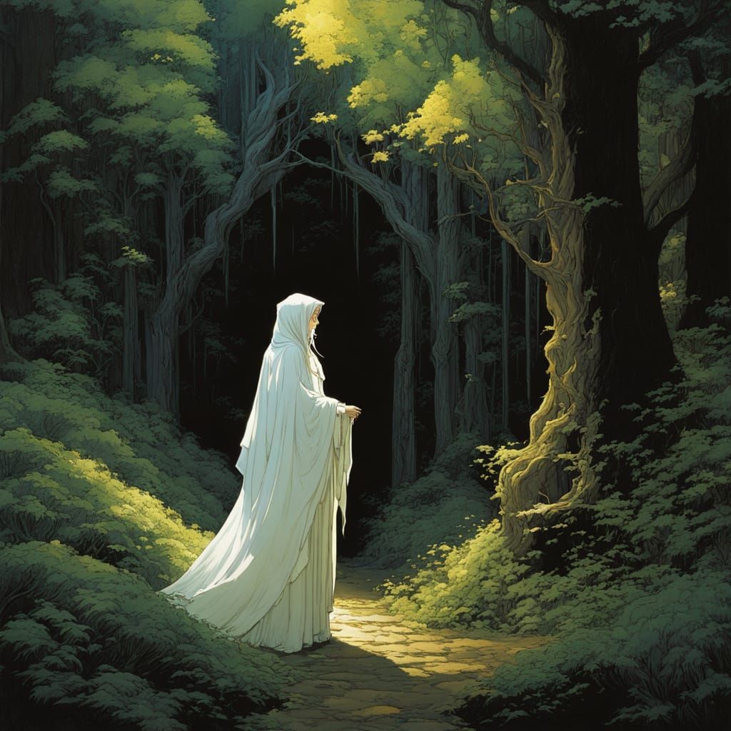 Medieval Woman in Forest: Chiaroscuro Fantasy Art