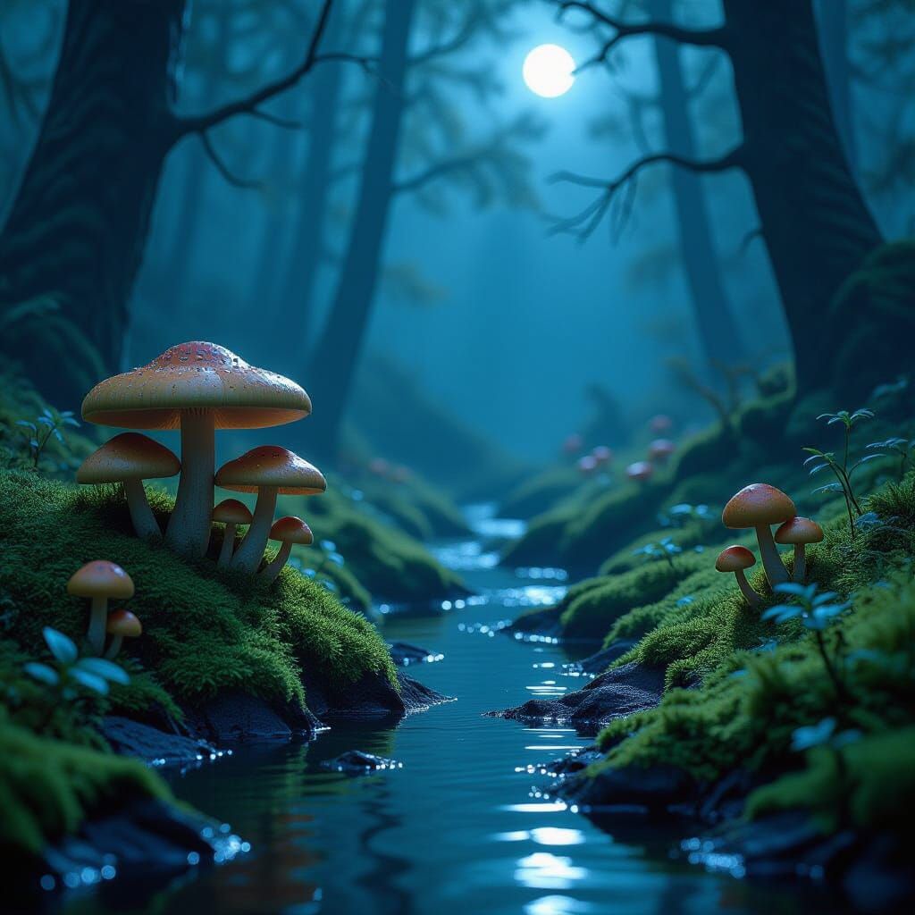 Bioluminescent Mushrooms by Forest Stream