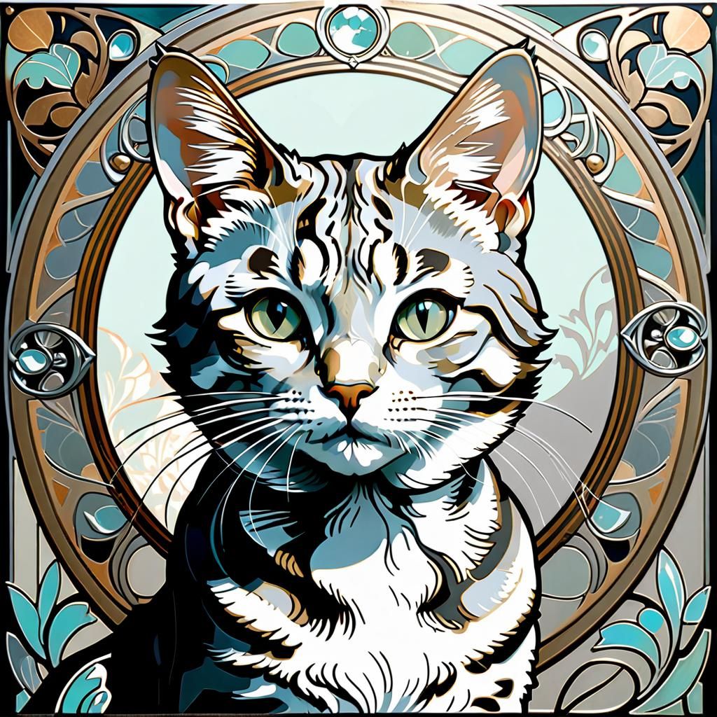 Gray Tabby Cat in Art Nouveau Style