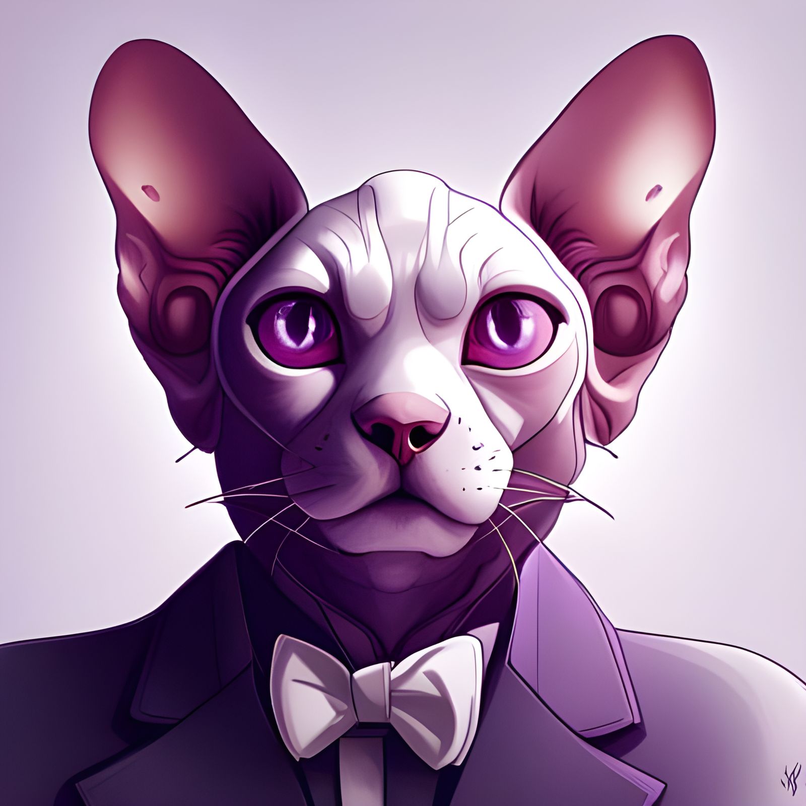 Illustration White Hairless Sphynx Cat with Purple Eyes White Bow Tie and Suit