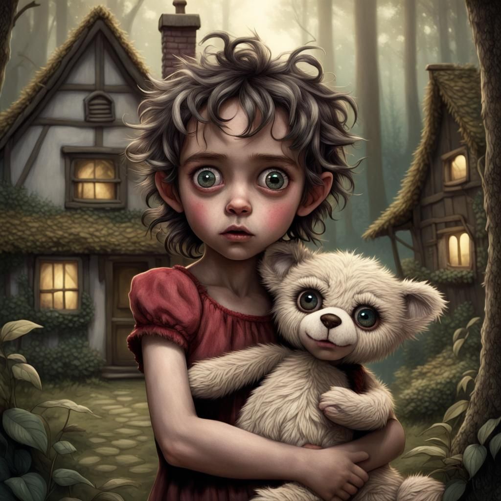 Adorable Furry Imp with Teddy Bear in Forest