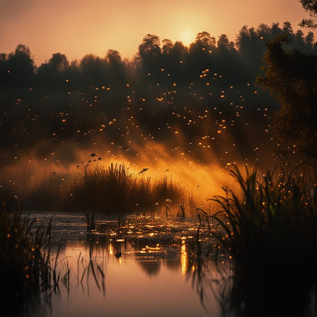 Glowing Insects Above Toxic Swamp: Cinematic Film Still