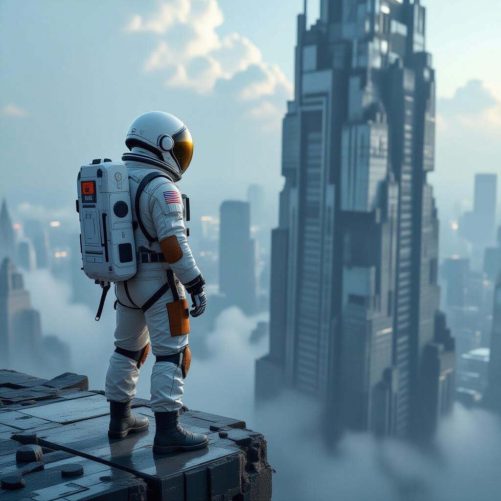 Astronaut on Crumbling Skyscraper, Retro Sci-Fi Art