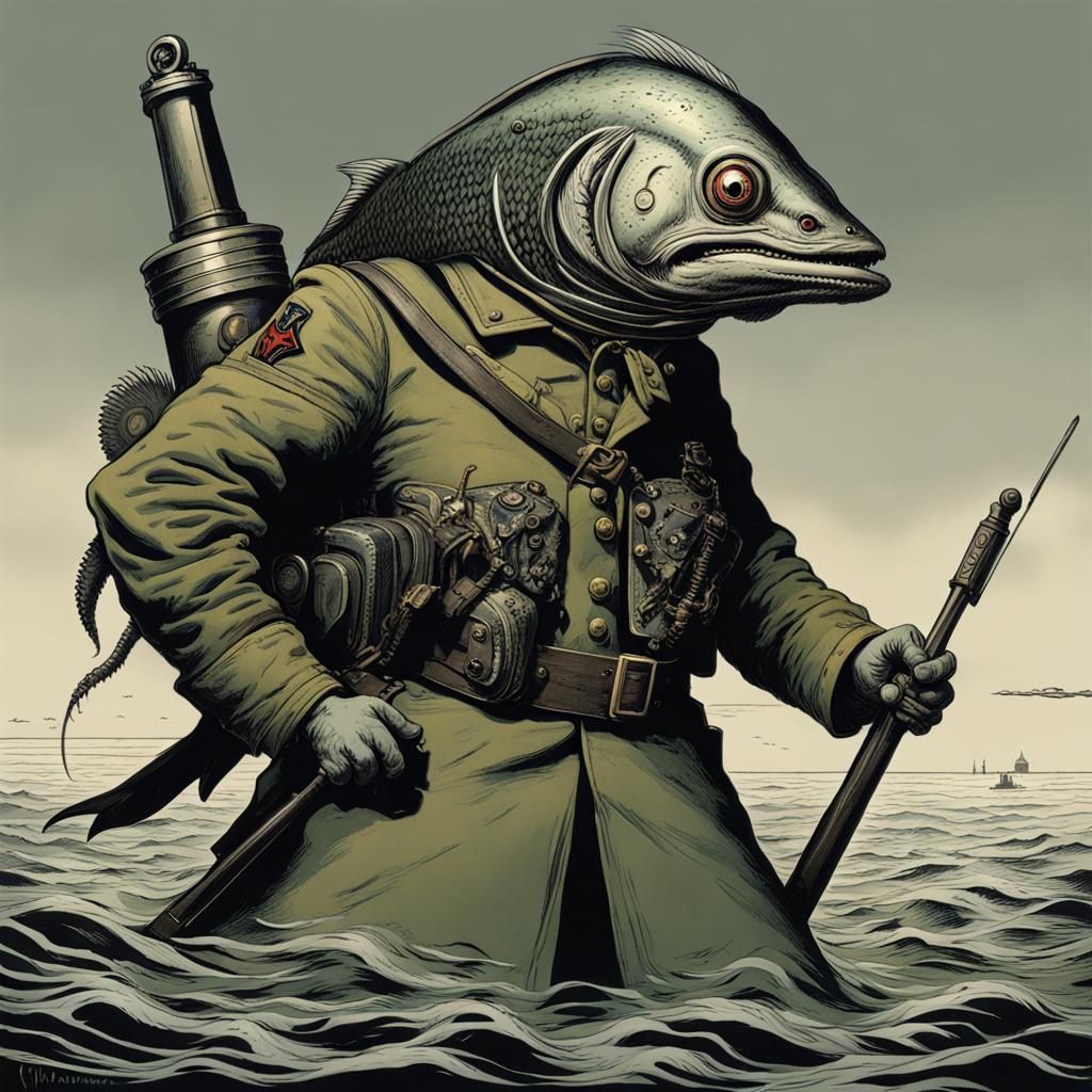 Horror Fish-Monster in Military Clothing