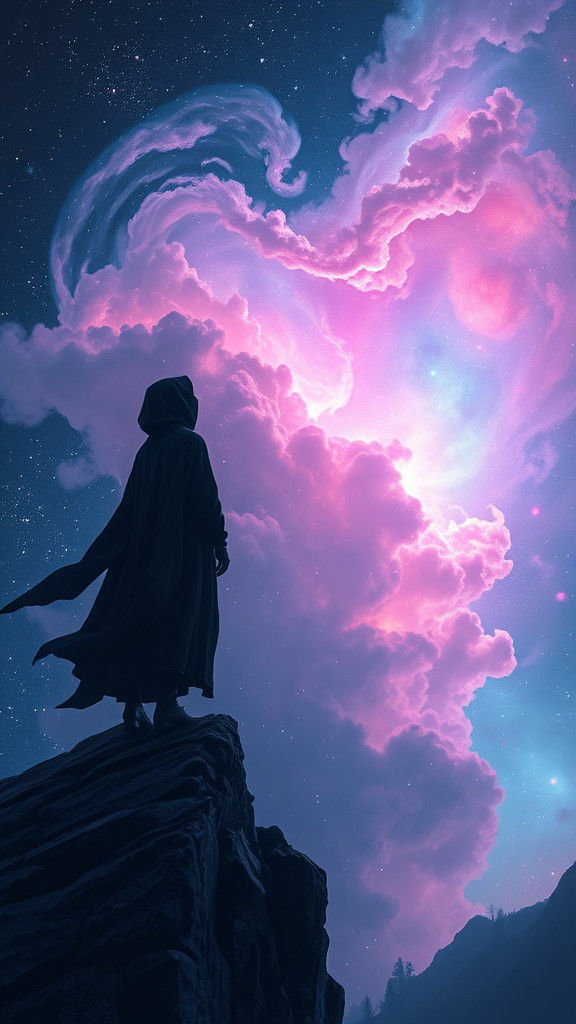 Contemplative Figure Gazing at Iridescent Nebula