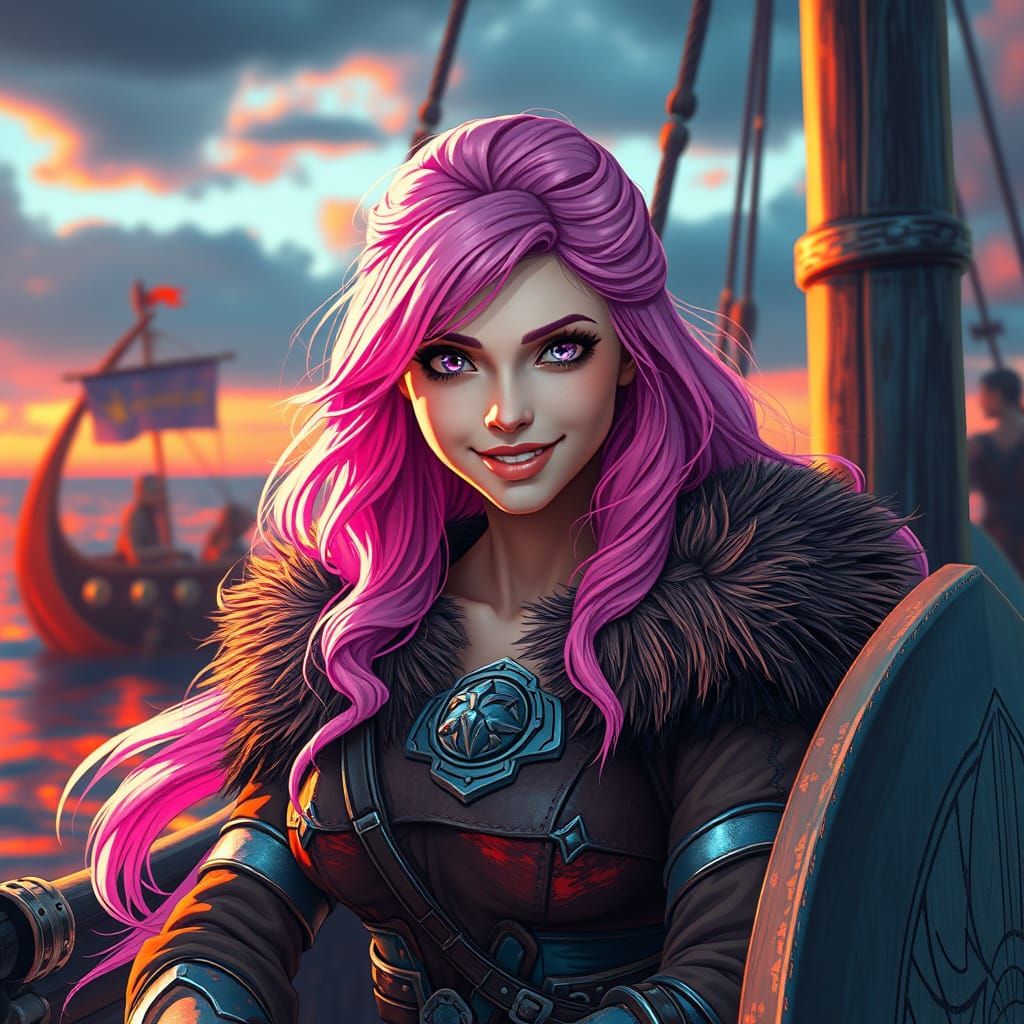 Pink Haired Viking Girl on Ship, Alcohol Line Art