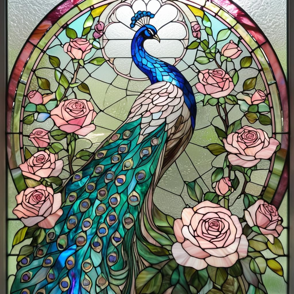 Renaissance Stained Glass Peacock with Pastel Colors