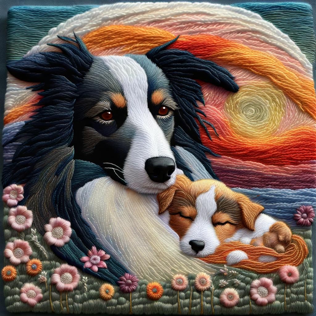 Embroidered Mother Dog and Puppy at Sunset