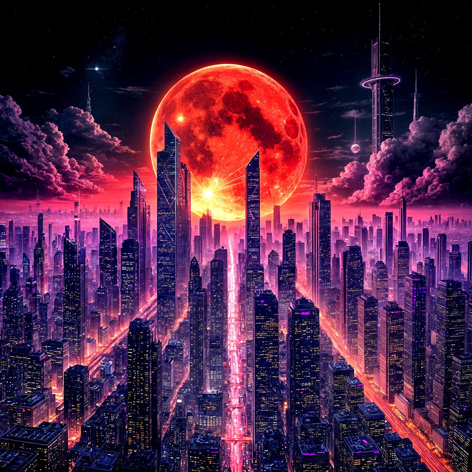 a neon lit city skyline unfolds beneath a low-hanging red mo...