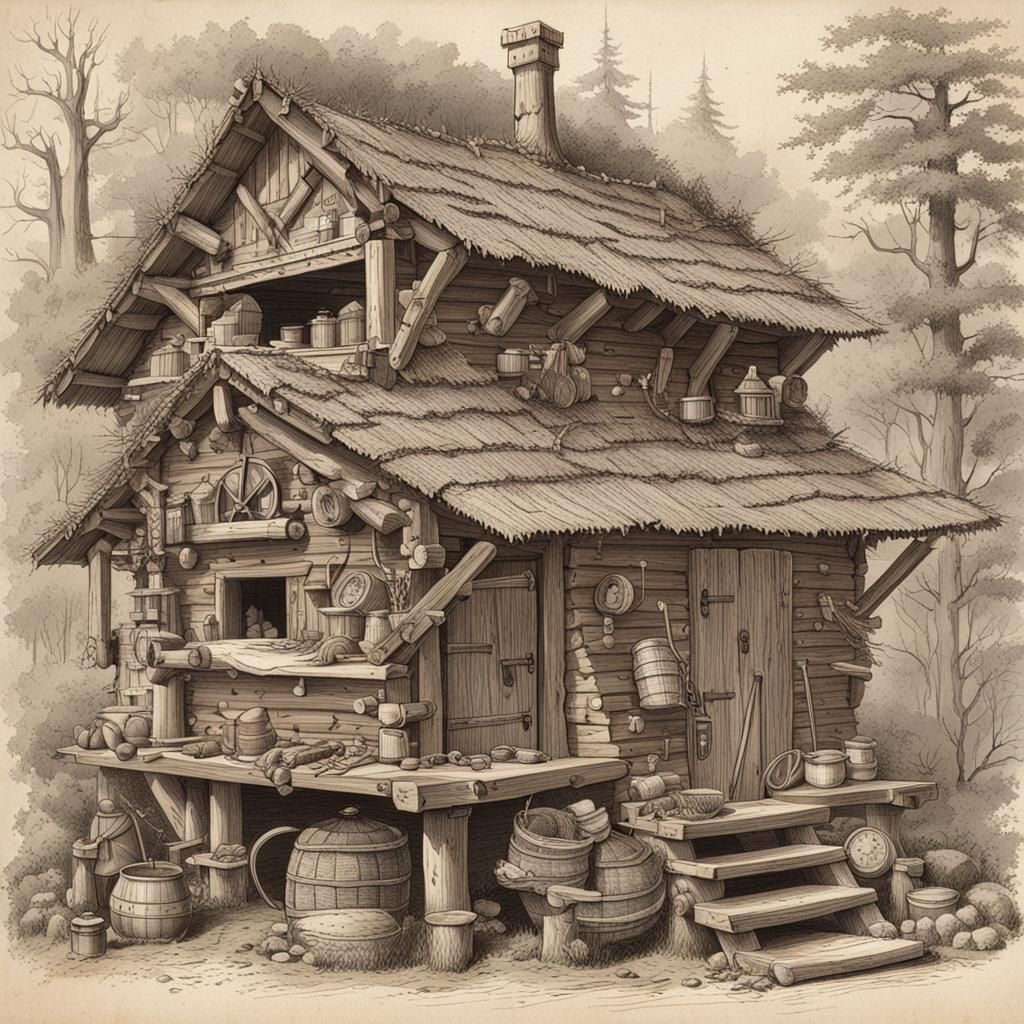 Woodcutter's Hut: Detailed Journal Illustration