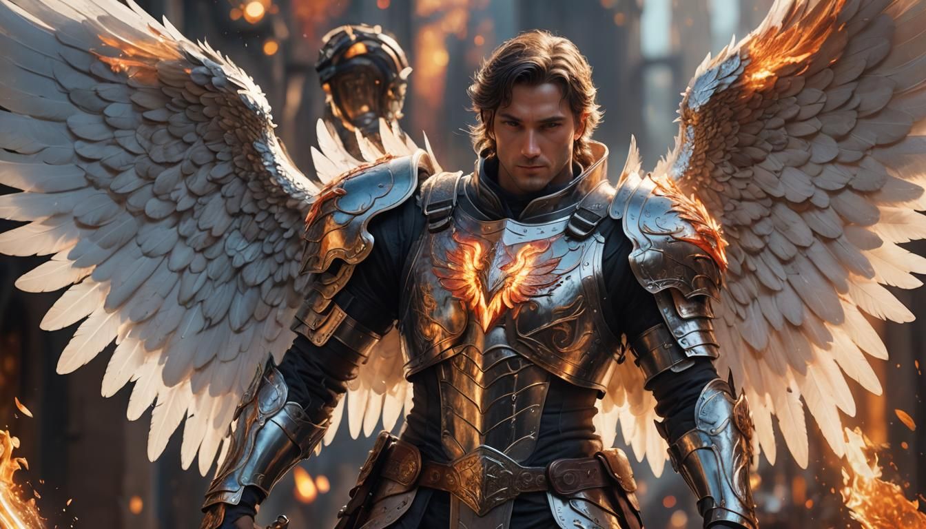Armored Angel with Flaming Sword, Fantasy Art