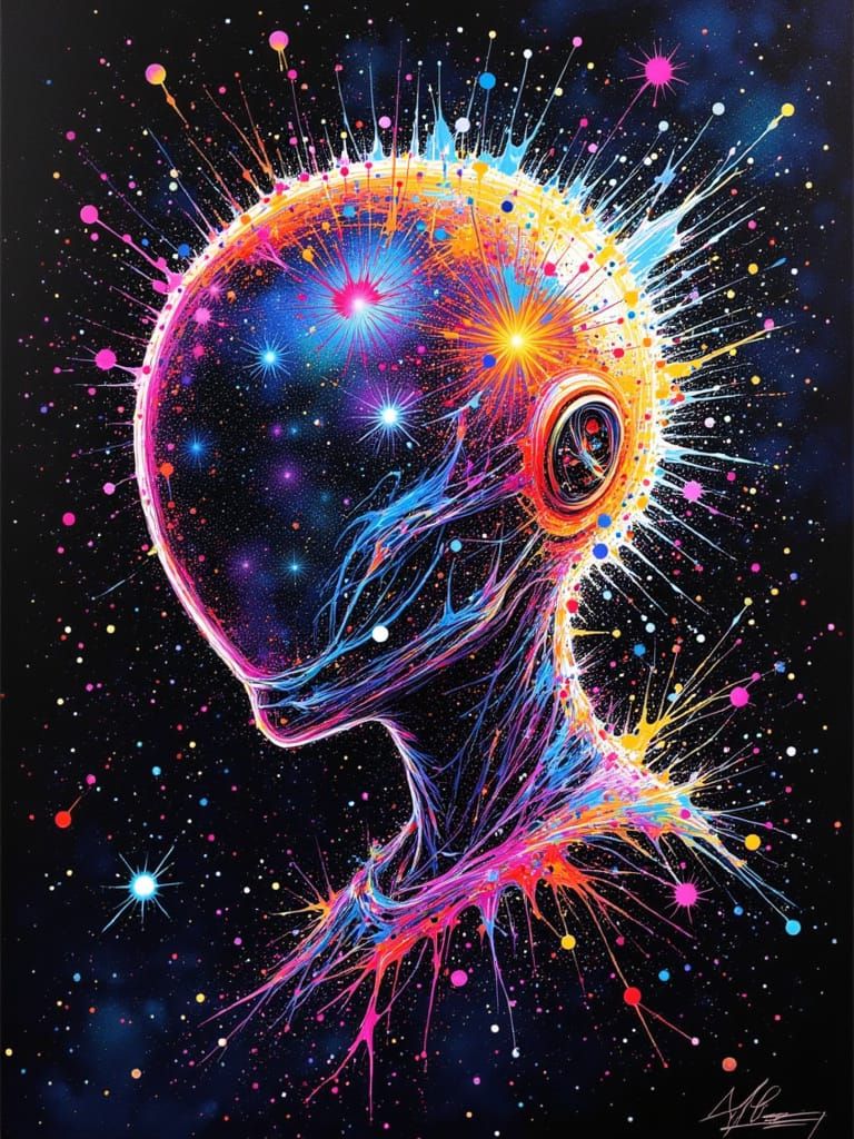 Iridescent Fractal Spaceman Helmet in Cosmic Void