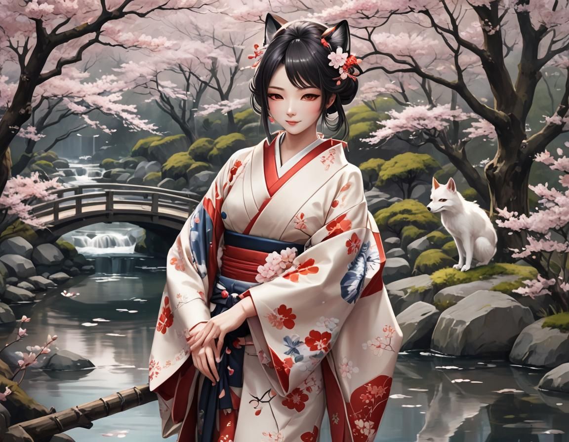 Kitsune Girl in Kimono with Cherry Blossoms