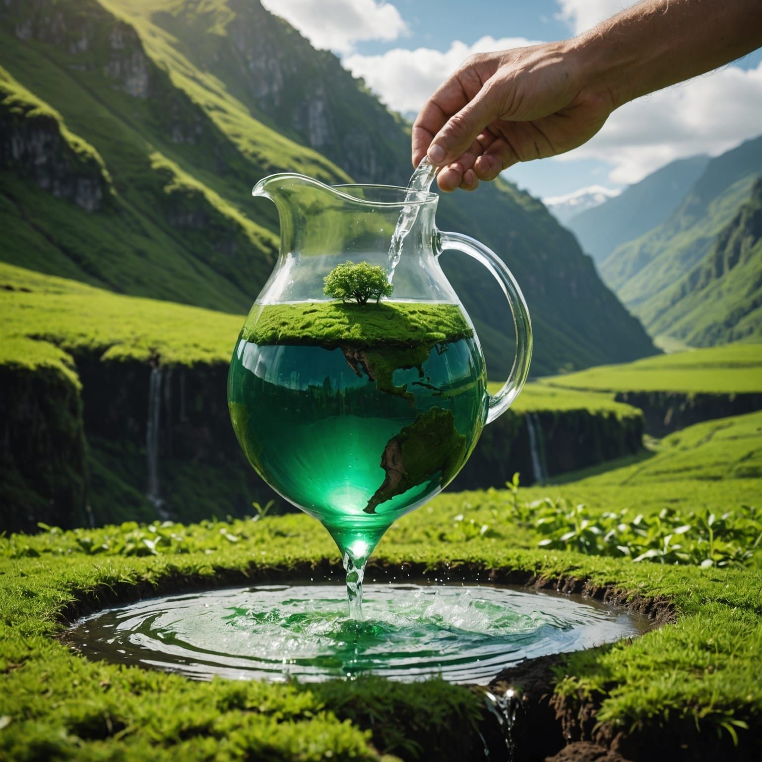 Giant Pitcher Spills Water on Green Earth