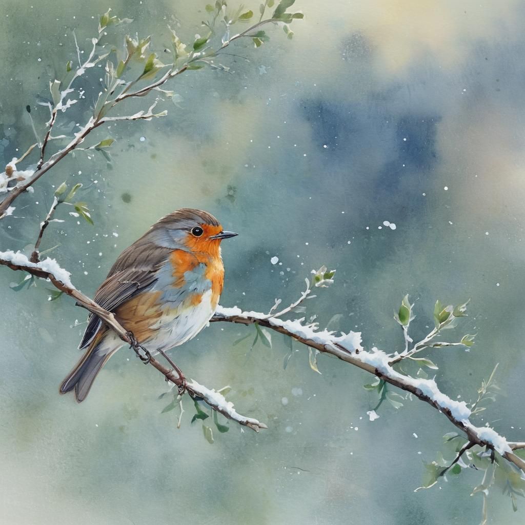 Robin on Snowy Branch in Watercolor Illustration