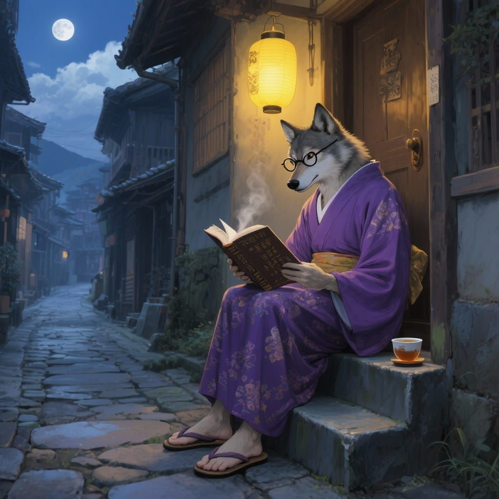 Wolf Reading Ancient Book in Japanese Street