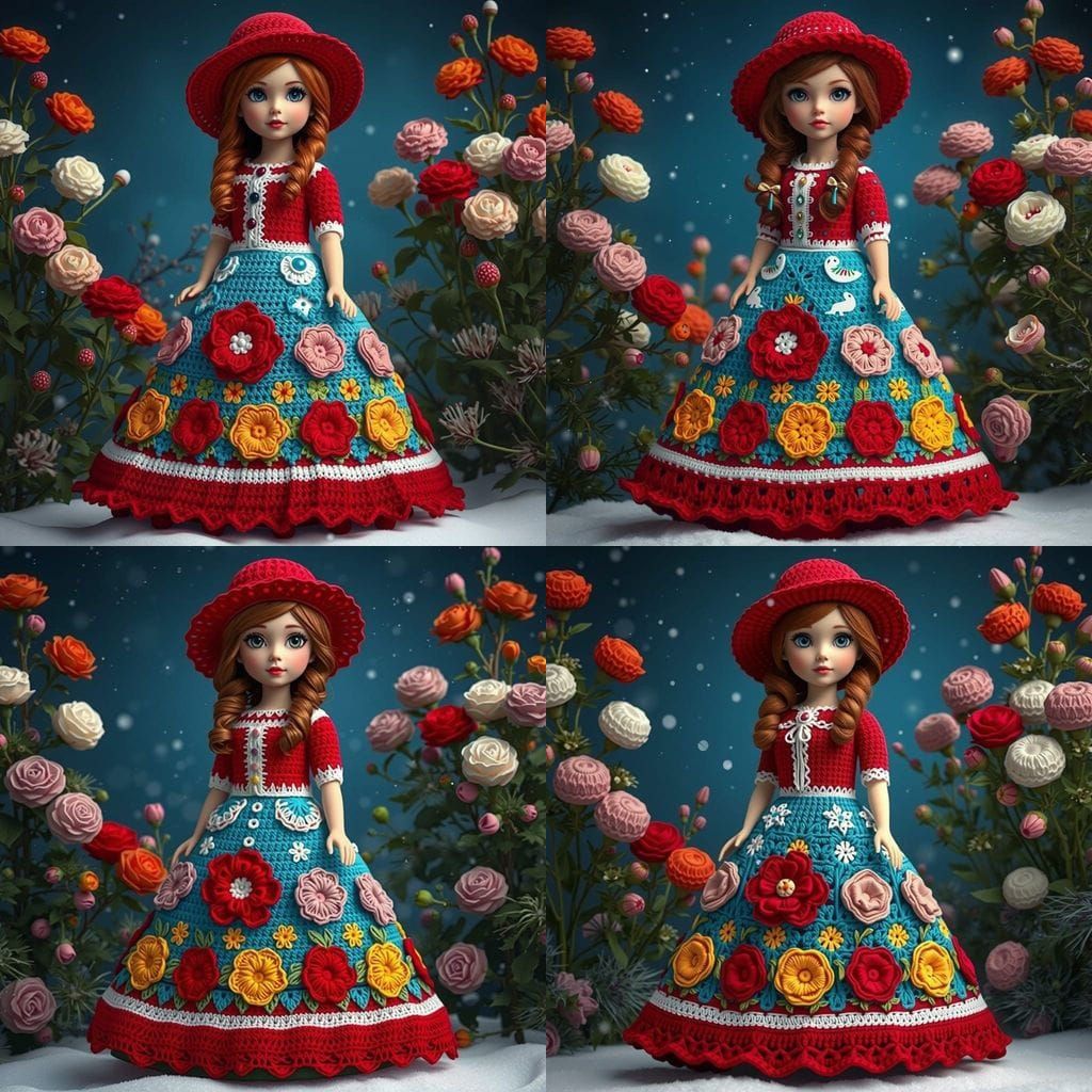 Girl Doll in Vibrant Crochet Dress Under Snowy Blooms