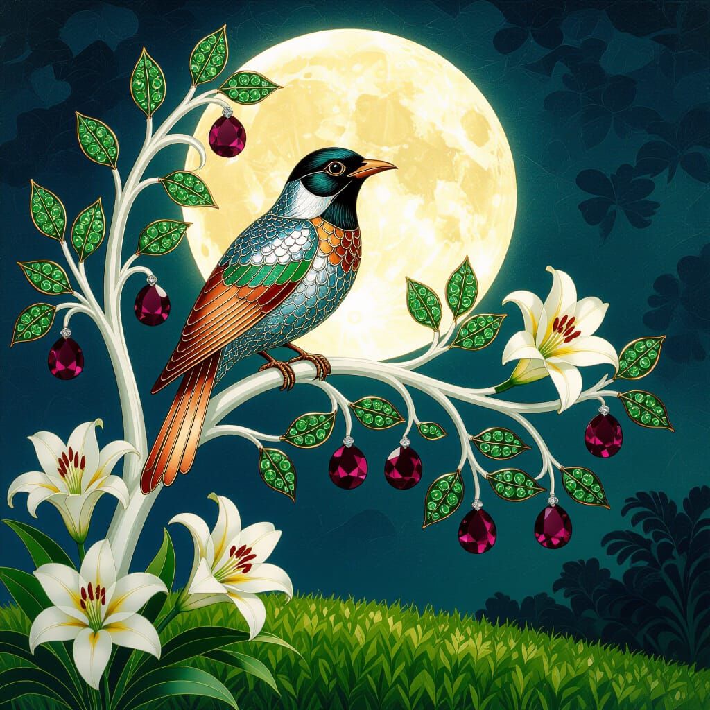 Metallic Bird on Jeweled Branch Under Moonlight