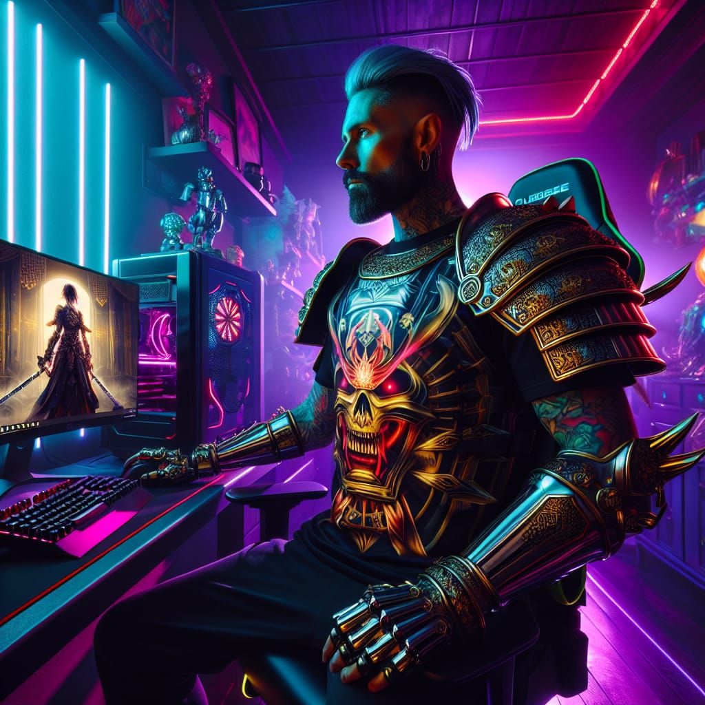 Gothic Knight Gamer in Cyberpunk Neon Bedroom