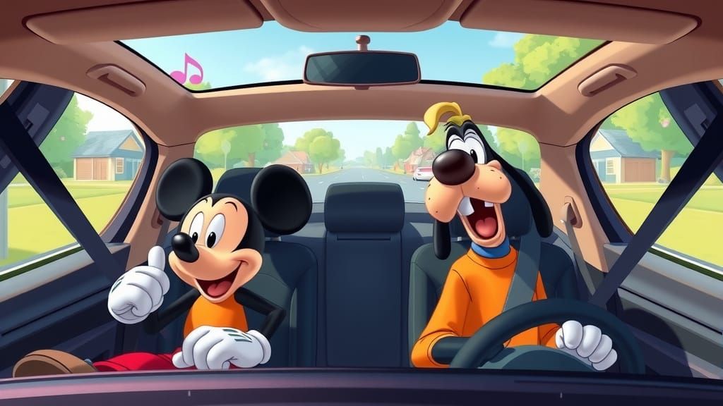 Mickey and Goofy's Joyful Road Trip in Cartoon Style