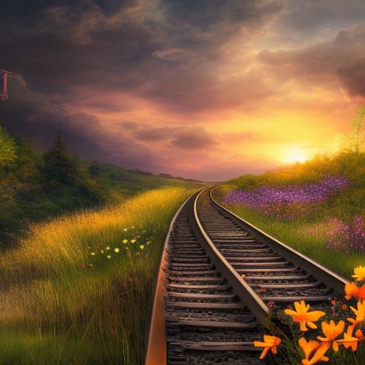 Vintage Train Track Sunset in Detailed Matte Painting