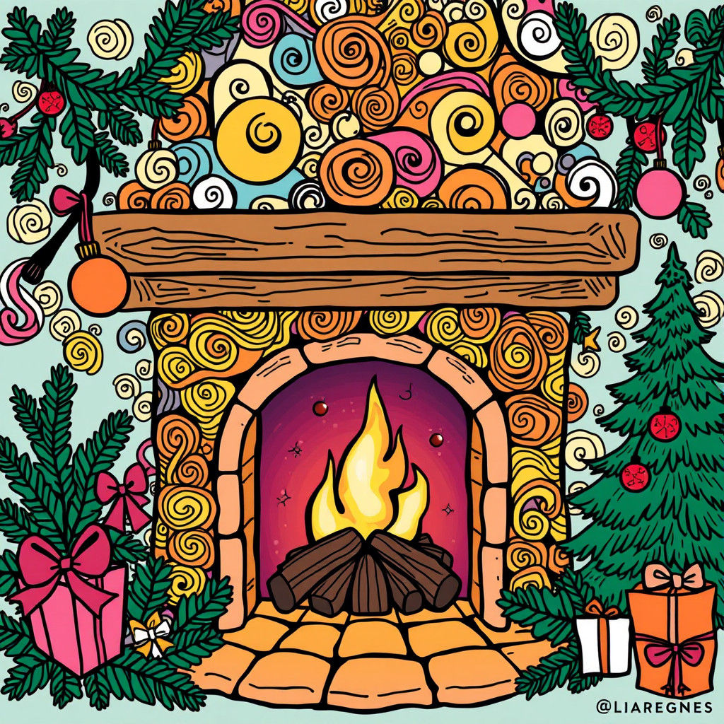Whimsical Doodle Art Fireplace with Festive Decorations