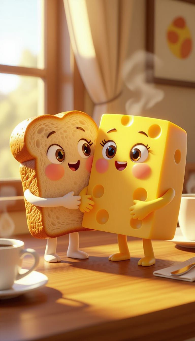 Cheerful Bread Hugs Cheese in Photorealistic 8K Render