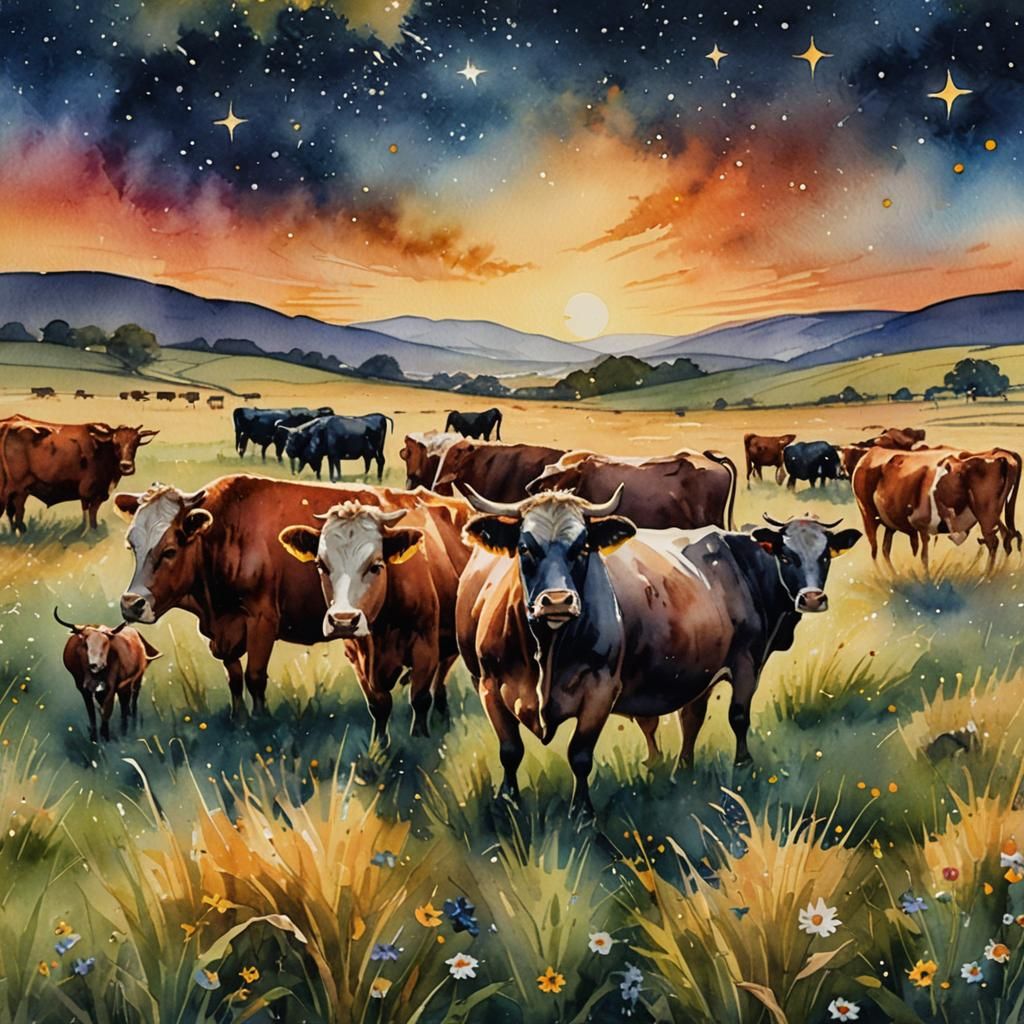Cattle Grazing Under Starry Night in Watercolour