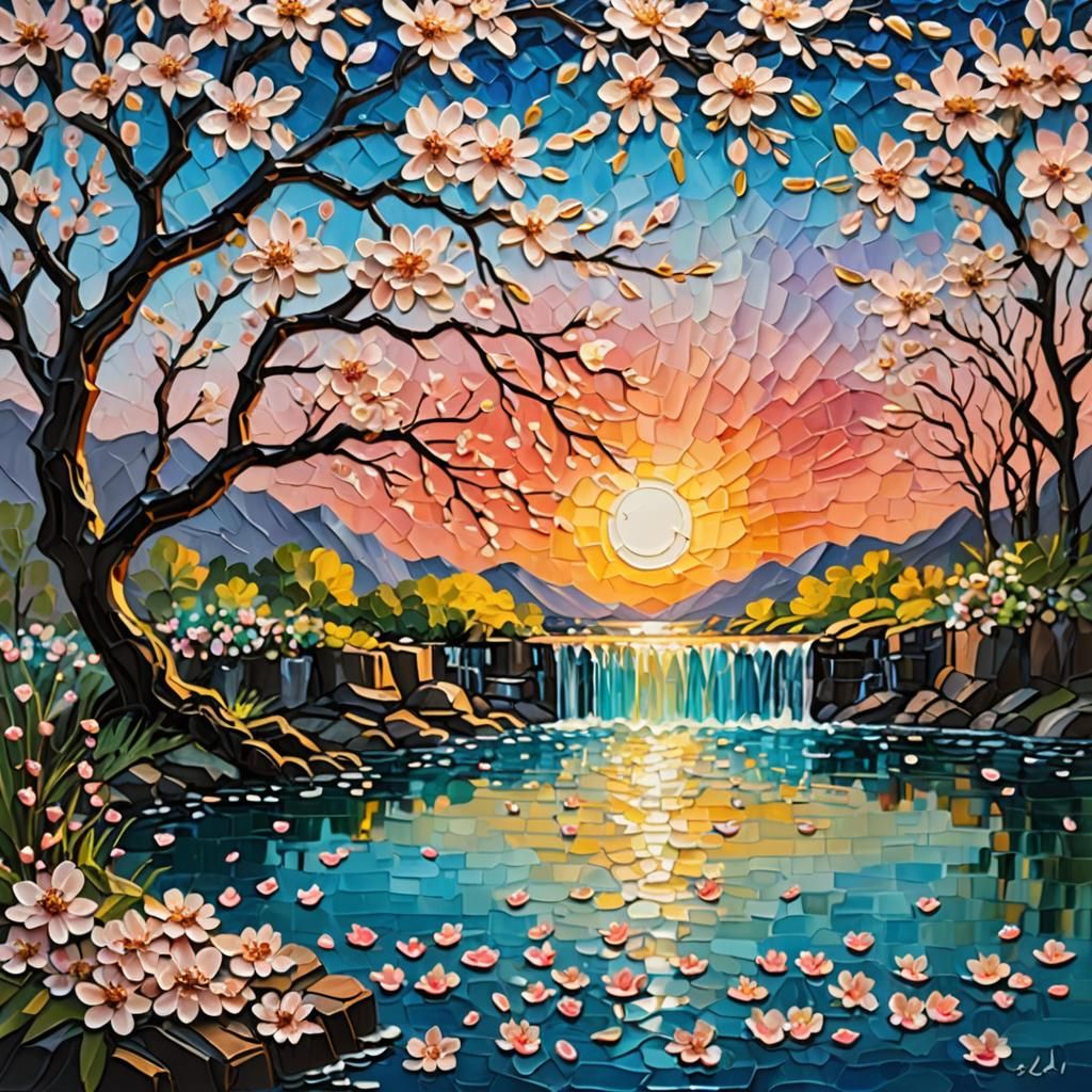 Cherry Blossom Waterfall Impasto Oil Painting