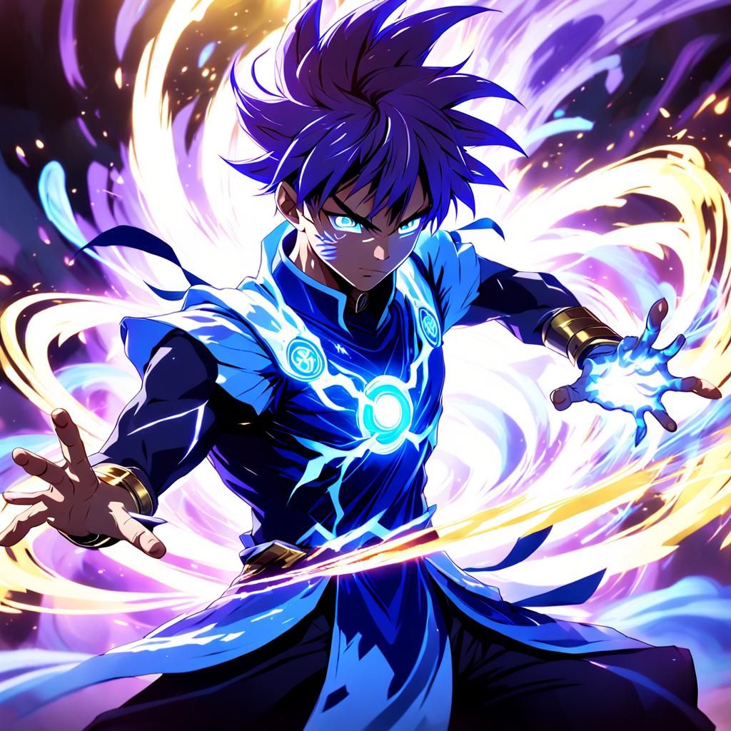Dynamic Anime Fighter Surrounded by Mana Energy