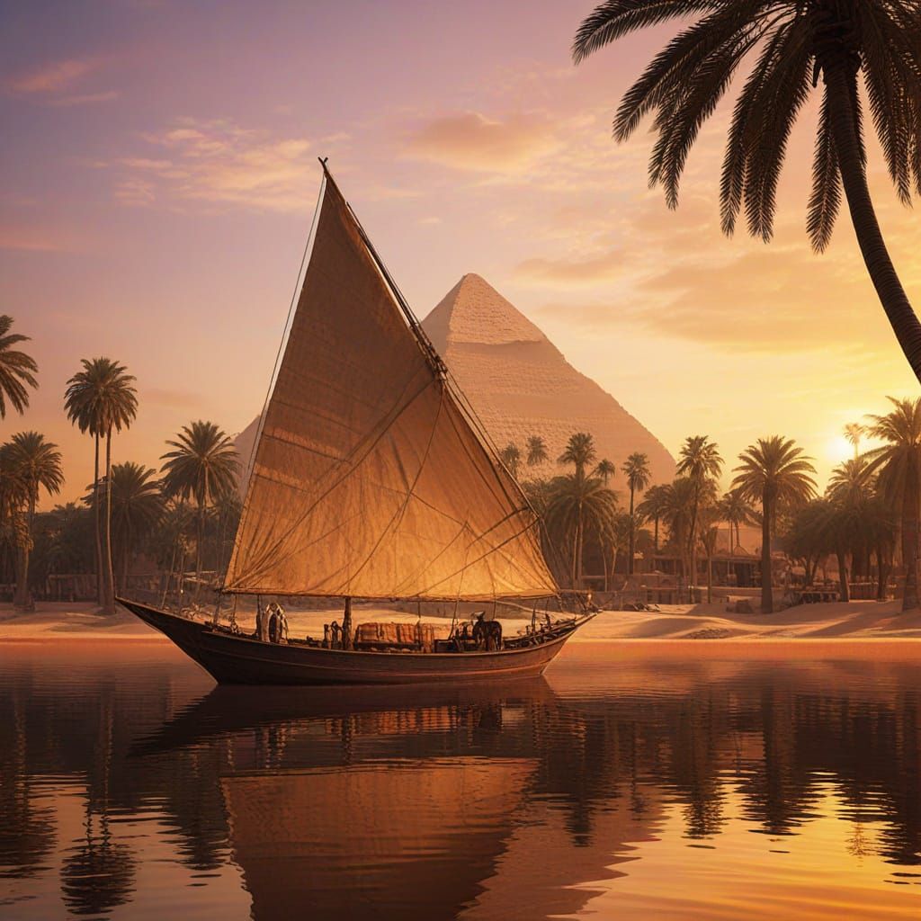 Ancient Egyptian Dhow Sailing at Sunset