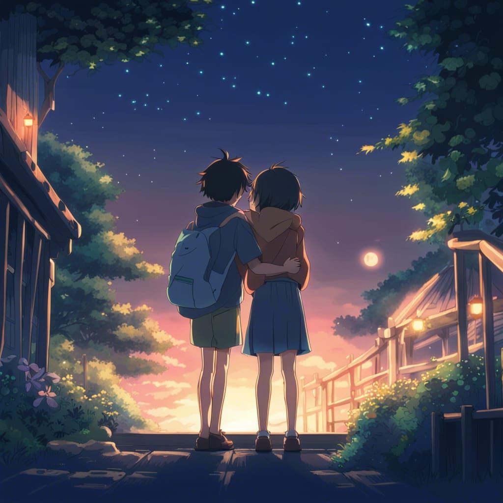 Anime Couple Embrace in Studio Ghibli Style