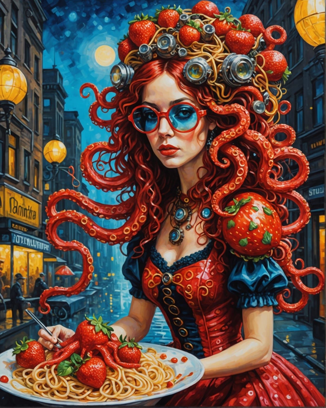 Steampunk Octopus in Red Dress Eats Spaghetti