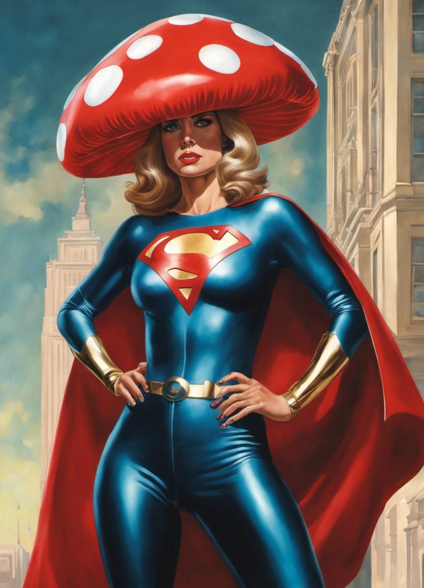 Superwoman with inflated toadstool hat