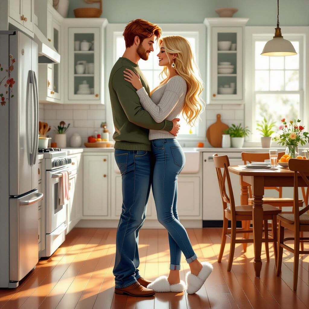 Happy Couple Slow Dancing in Cozy Kitchen Concept Art